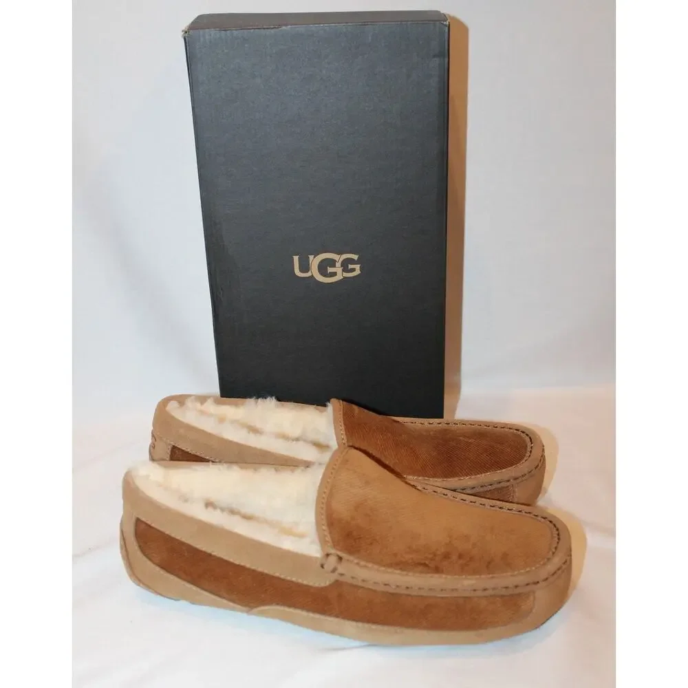 NIB UGG MEN'S ASCOT CORDUROY SUEDE SHEARLING LINED SLIPPERS CHESTNUT‎